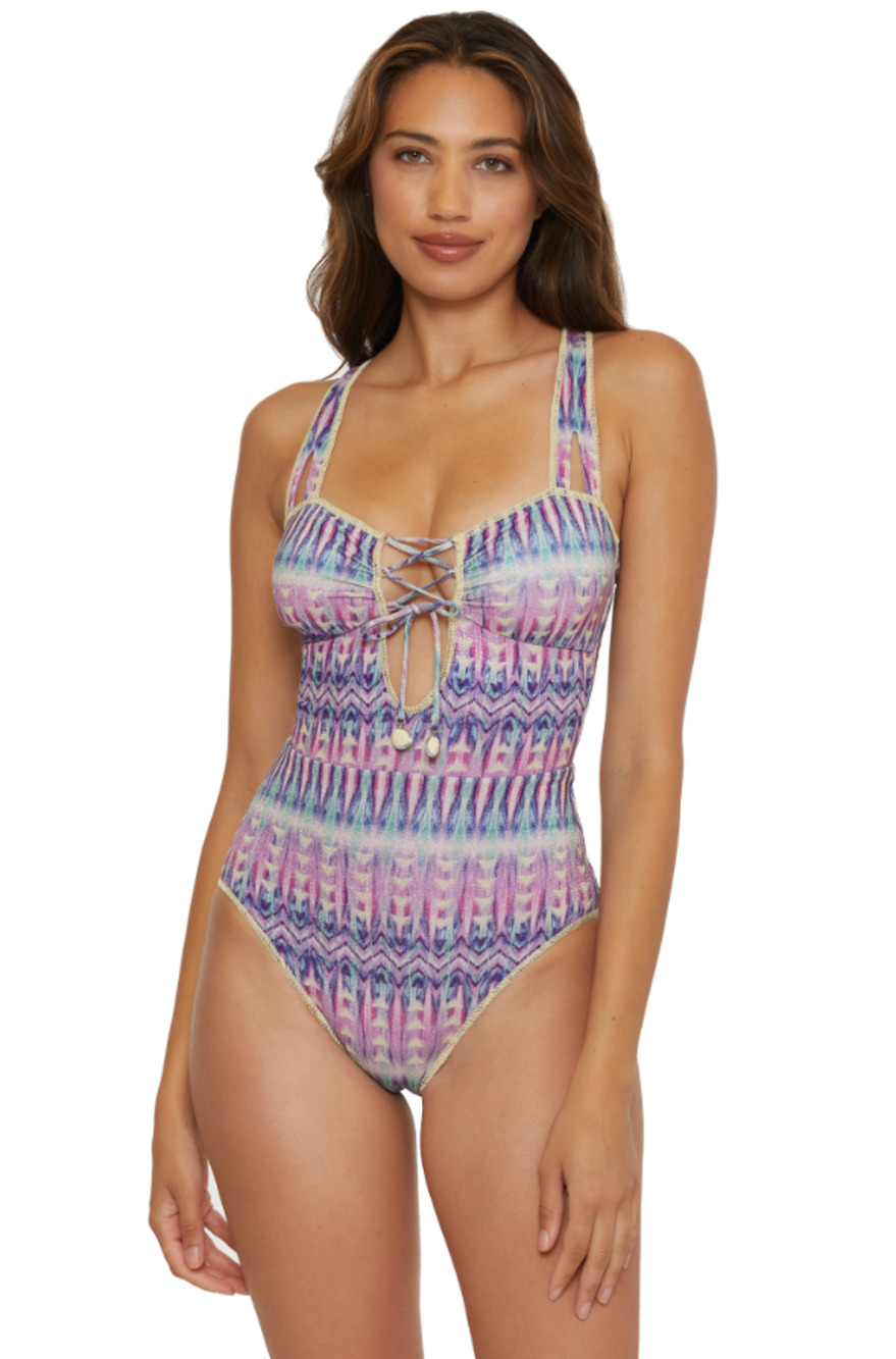 BECCA Women's Standard Tulum One Piece Swimsuit Large Purple Abstract Print NWT